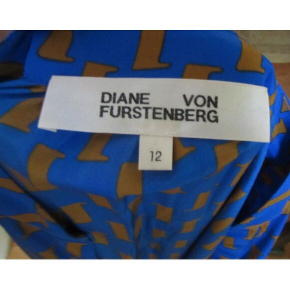 Diane Von Furstenberg Blue/Brown Silk Dress W/ Tie Size 12 - Picture 8 of 9